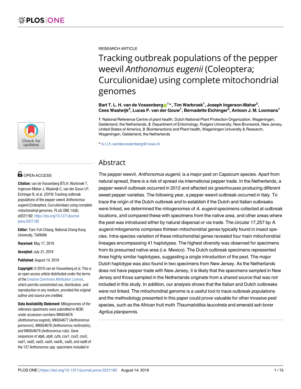 Tracking Outbreak Populations of the Pepper Weevil Anthonomus Eugenii (Coleoptera; Curculionidae) Using Complete Mitochondrial Genomes