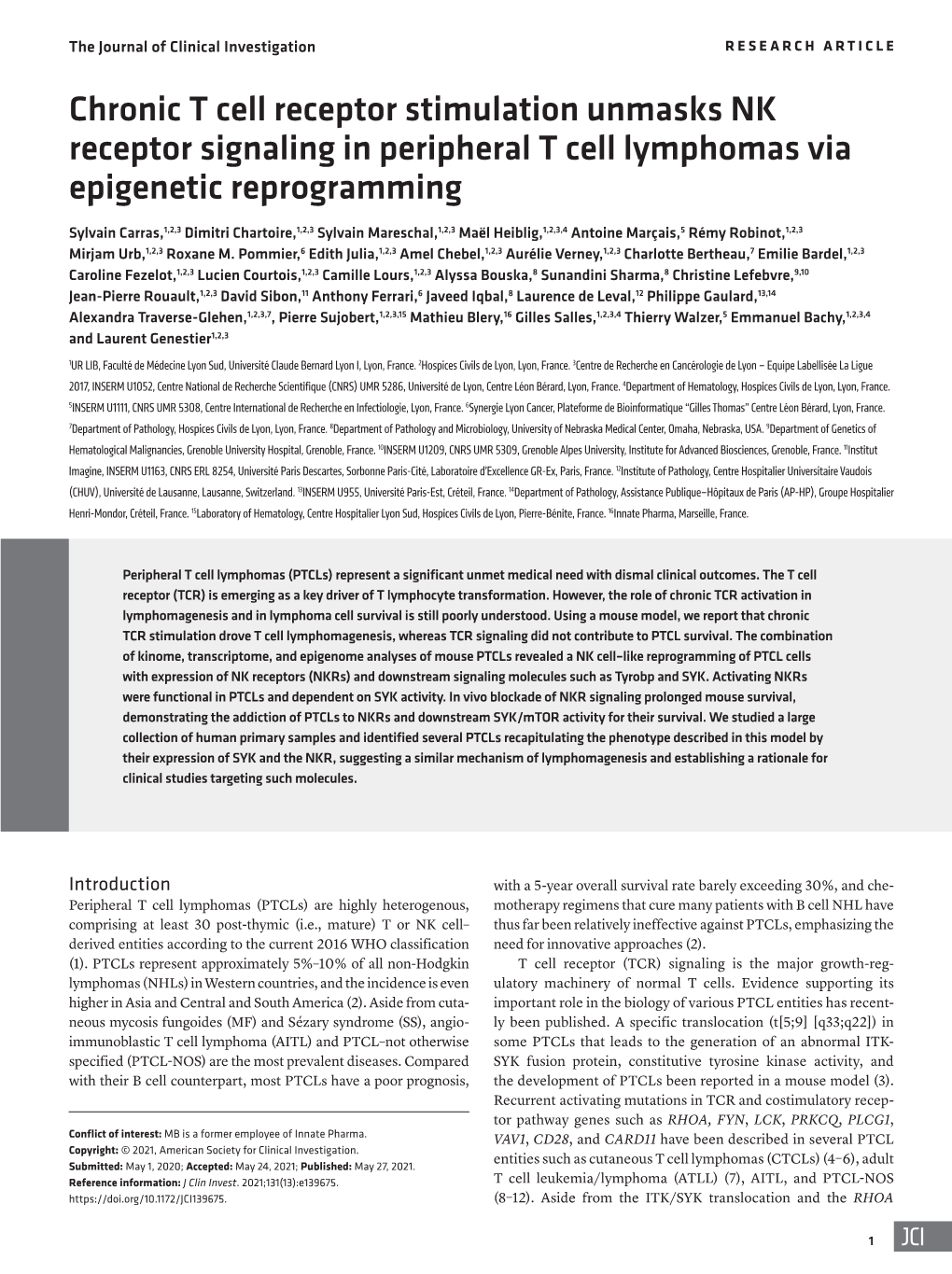 Chronic T Cell Receptor Stimulation Unmasks NK Receptor Signaling in Peripheral T Cell Lymphomas Via Epigenetic Reprogramming