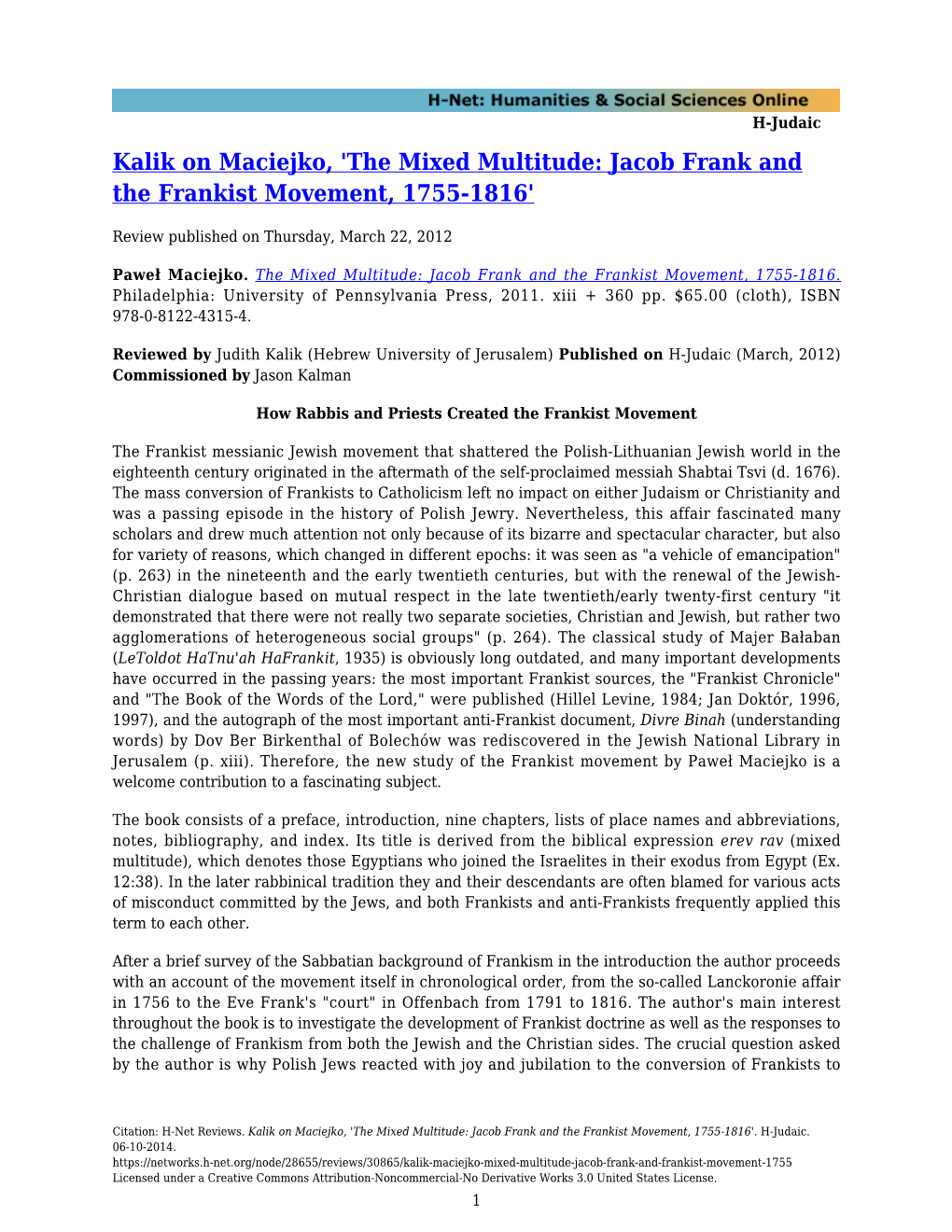 Kalik on Maciejko, 'The Mixed Multitude: Jacob Frank and the Frankist Movement, 1755-1816'