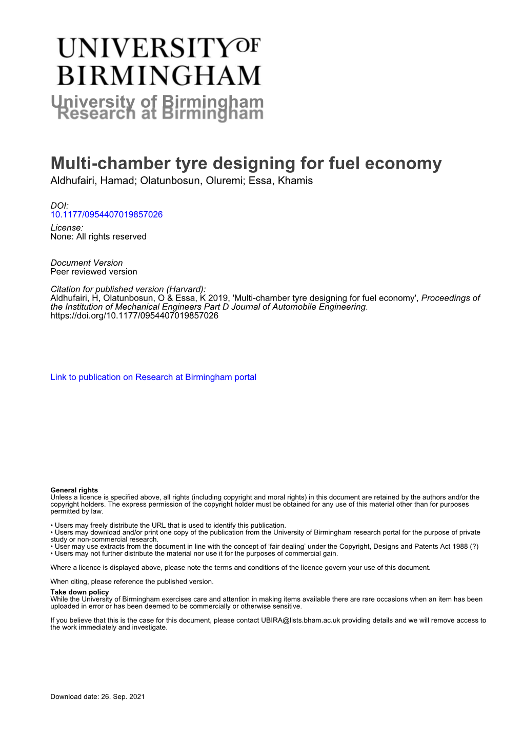 University of Birmingham Multi-Chamber Tyre Designing For