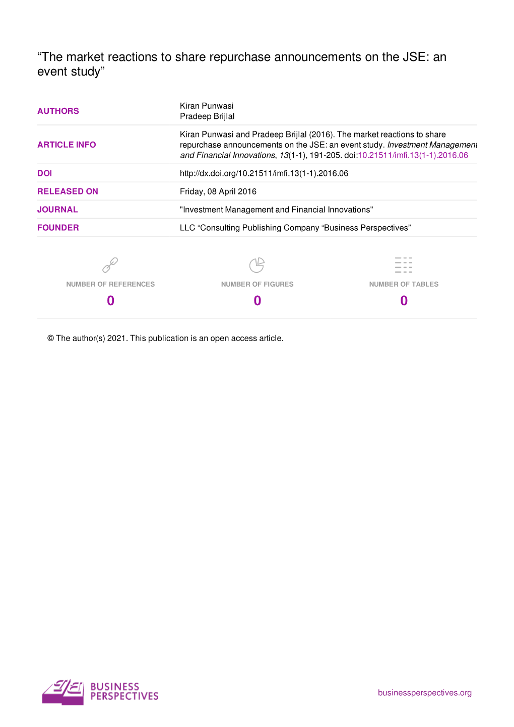 “The Market Reactions to Share Repurchase Announcements on the JSE: an Event Study”