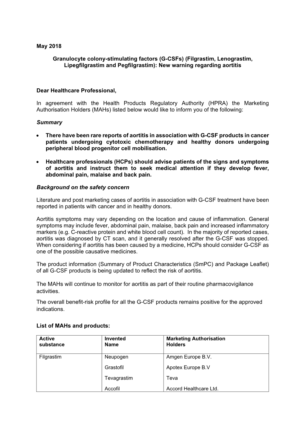 (G-Csfs) (Filgrastim, Lenograstim, Lipegfilgrastim and Pegfilgrastim): New Warning Regarding Aortitis