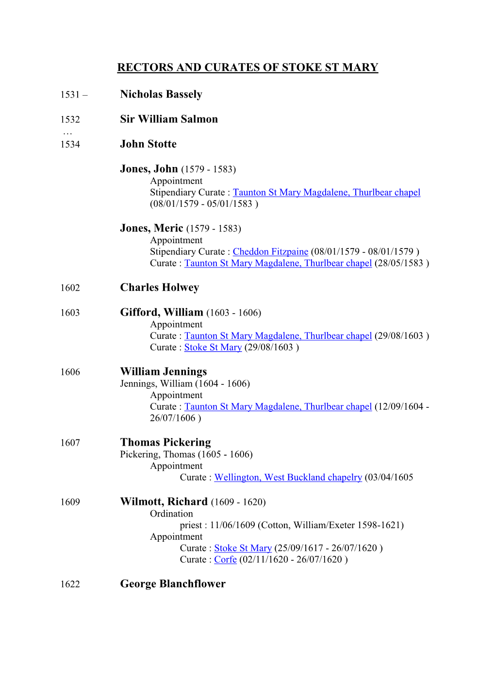 Rectors and Curates of Stoke St Mary