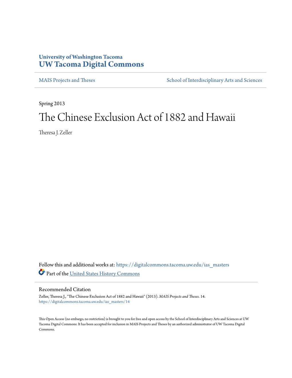 The Chinese Exclusion Act of 1882 and Hawaii