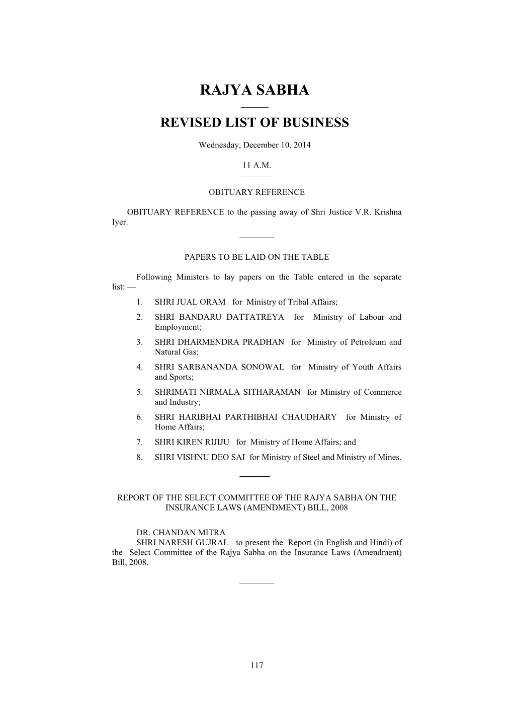 Rajya Sabha —— Revised List of Business