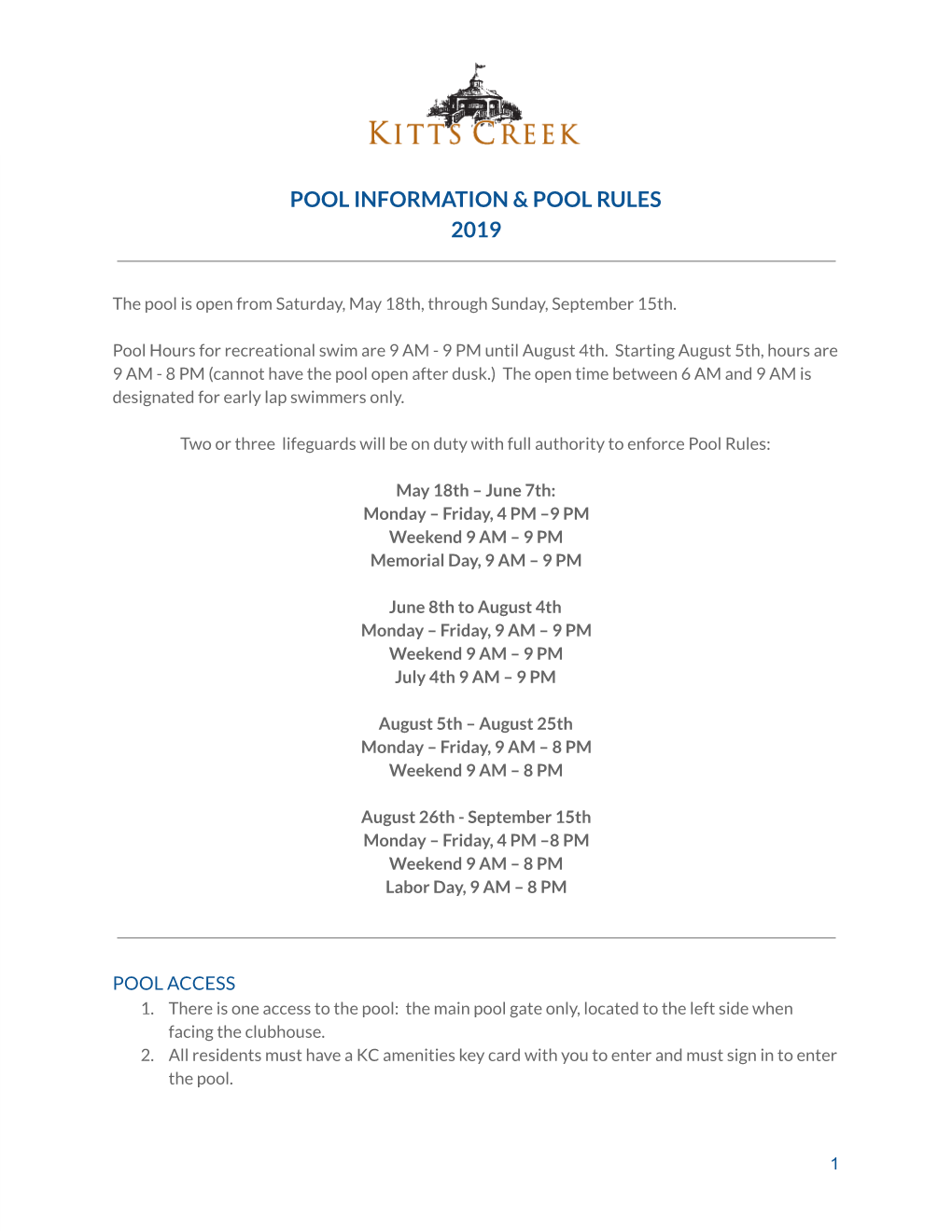 Pool Information & Pool Rules 2019