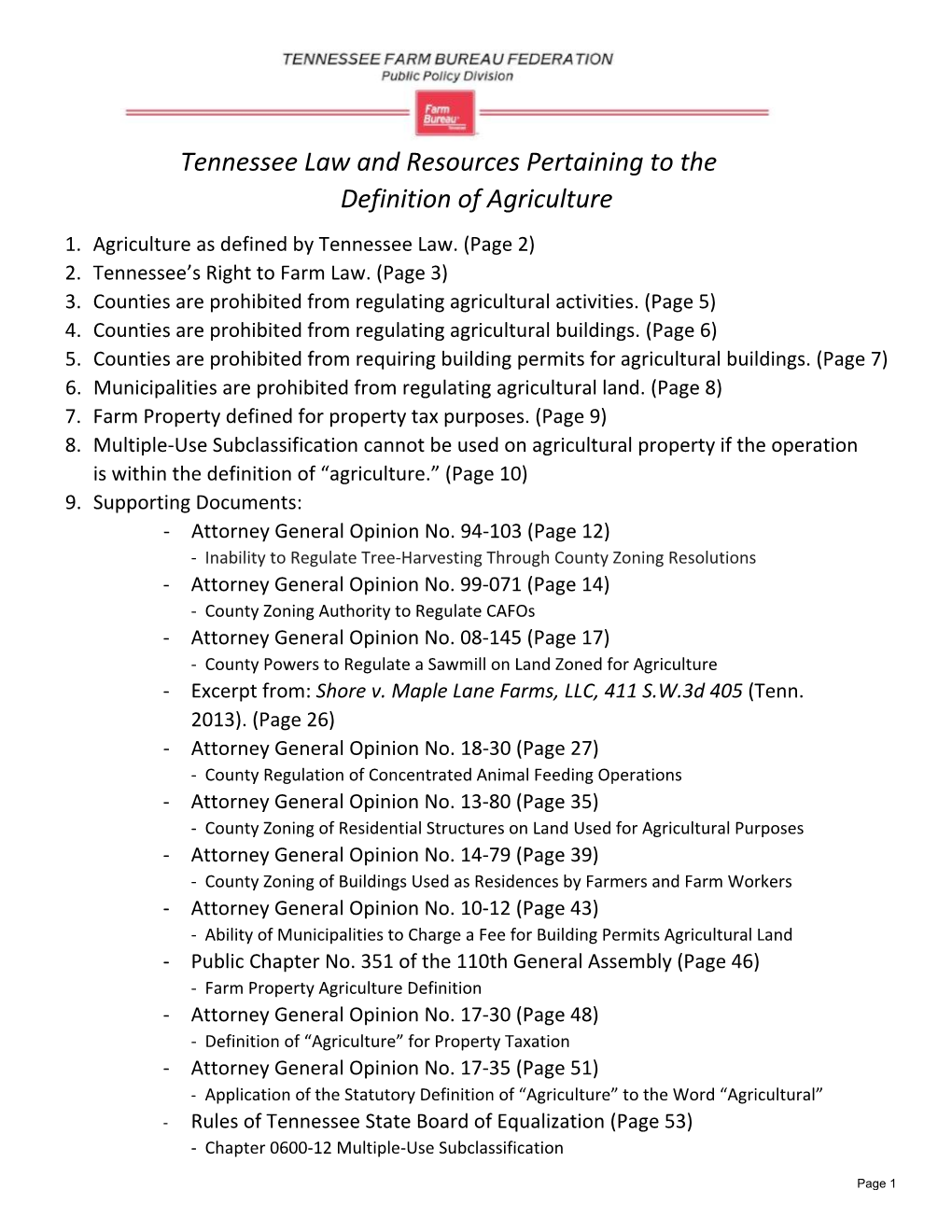 Tennessee Law and Resources Pertaining to the Definition of Agriculture 1