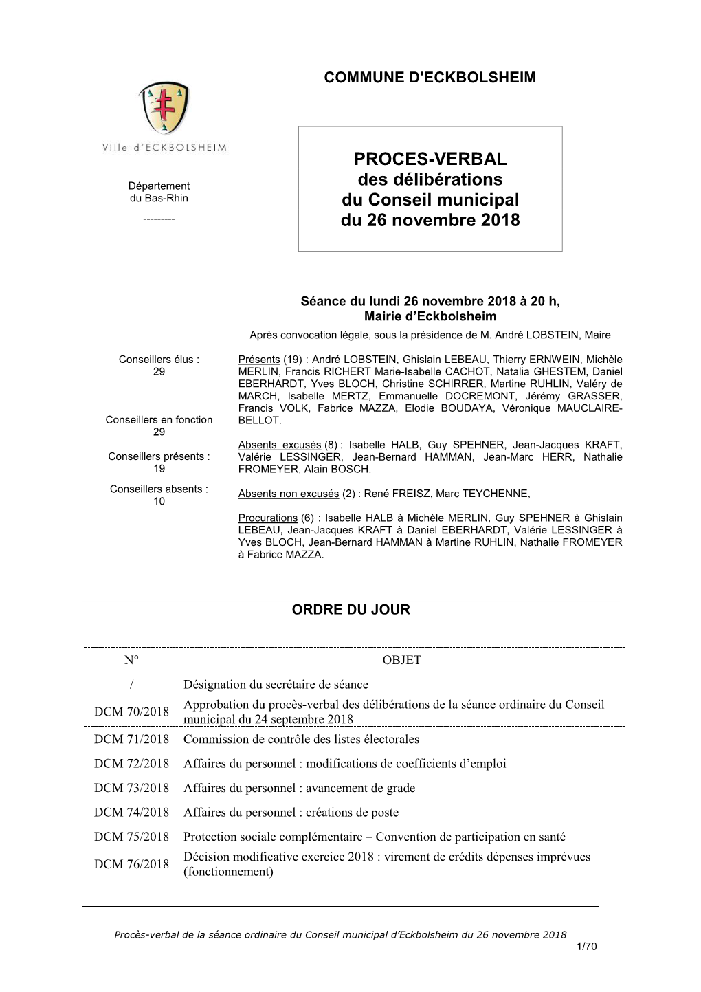 PROCES-VERBAL Des Délibérations Du Conseil Municipal Du 26