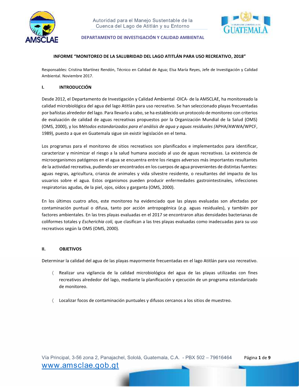 Informe De Salubridad Del Lago Atitlán Para Uso Recreativo