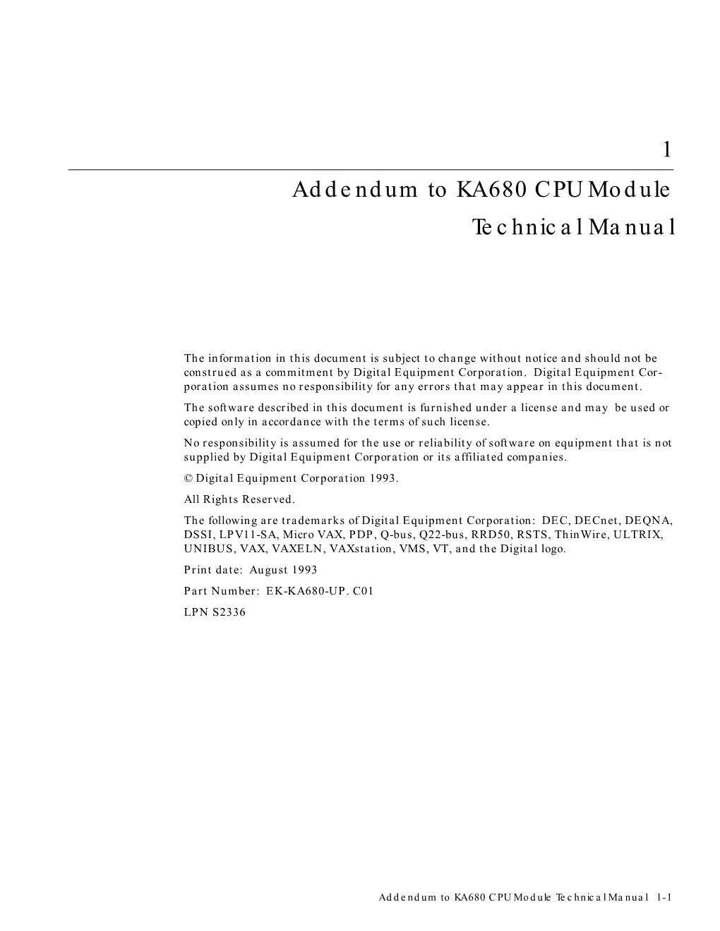 Addendum to KA680 CPU Module Technical Manual