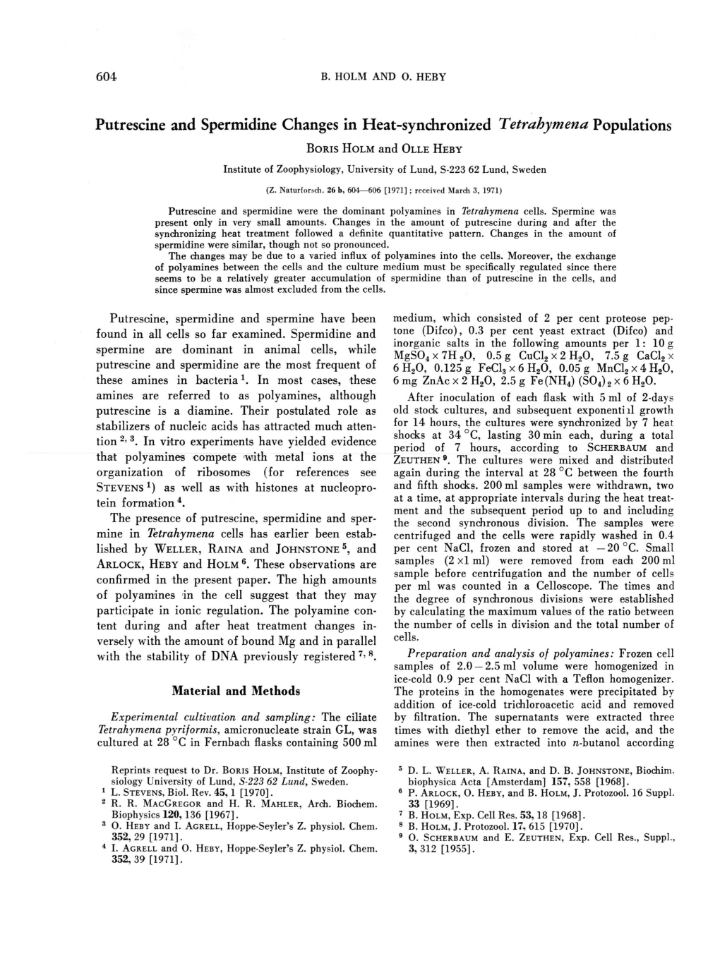 Putrescine and Spermidine Changes in Heat-Synchronized Tetrahymena Populations