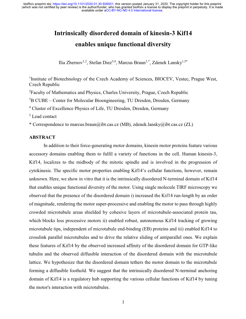 Intrinsically Disordered Domain of Kinesin-3 Kif14 Enables Unique Functional Diversity