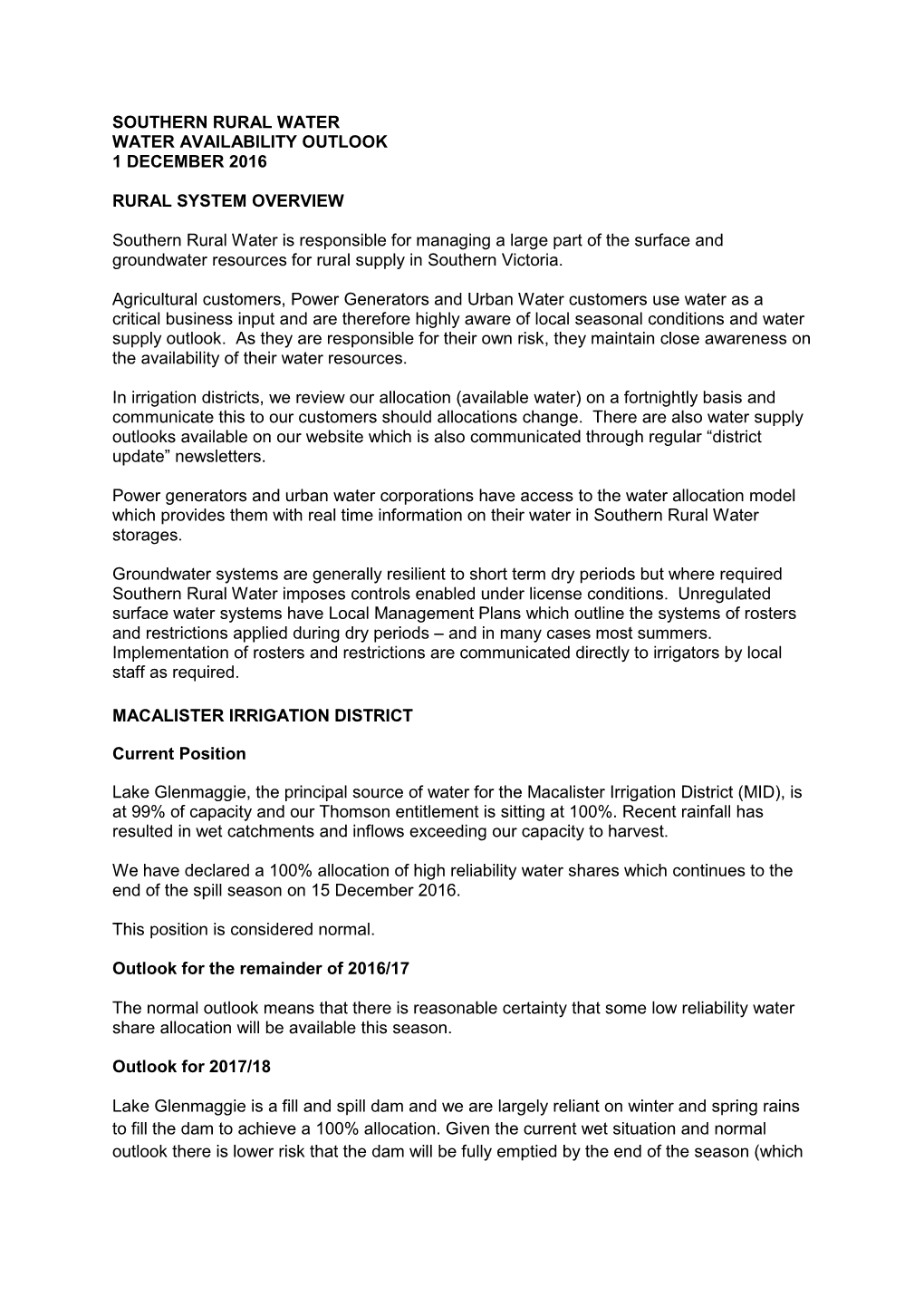 Southern Rural Water Water Availability Outlook 1 December 2016