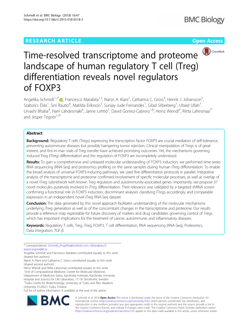 (Treg) Differentiation Reveals Novel Regulators of FOXP3 Angelika Schmidt1,2* , Francesco Marabita1,3, Narsis A