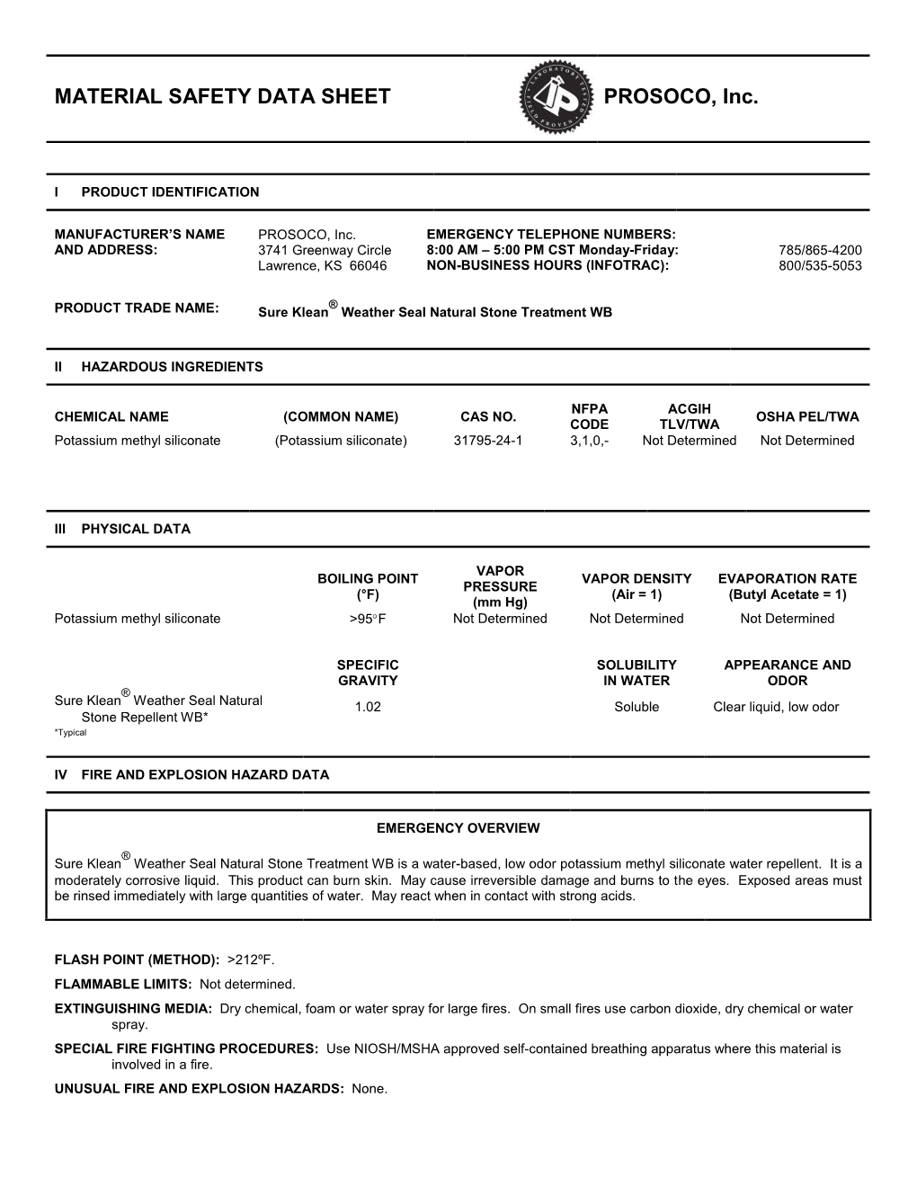 MATERIAL SAFETY DATA SHEET PROSOCO, Inc