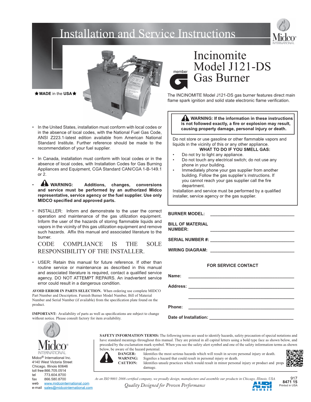 Incinomite Model J121-DS Gas Burner