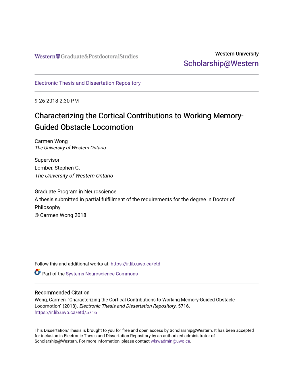 Characterizing the Cortical Contributions to Working Memory-Guided Obstacle Locomotion" (2018)