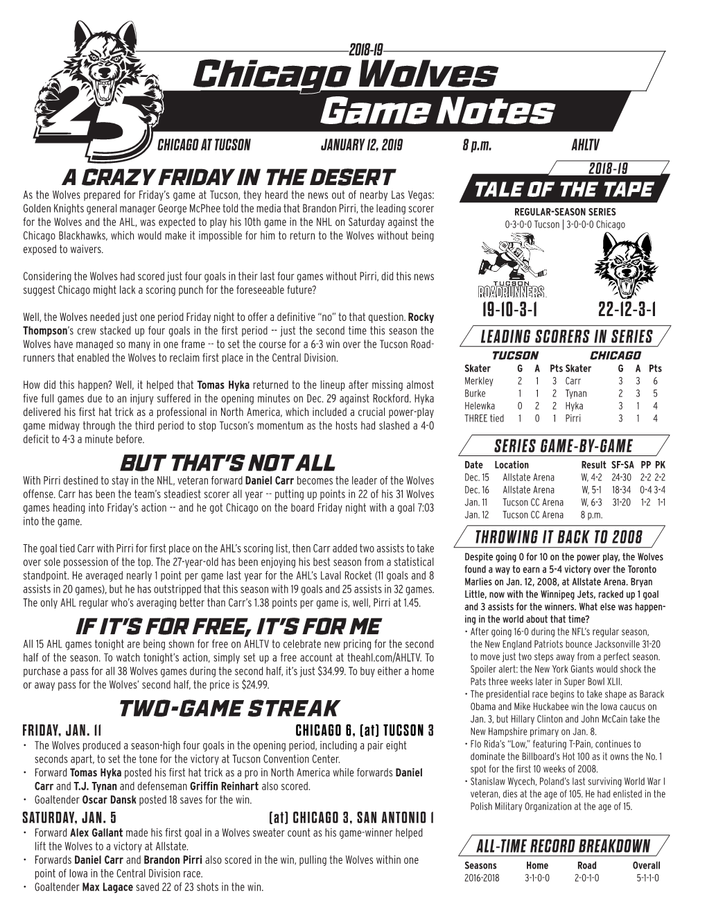 Chicago Wolves Game Notes CHICAGO at TUCSON JANUARY 12, 2019 8 P.M