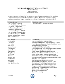 MICHIGAN AERONAUTICS COMMISSION Minutes of Meeting Harris, Michigan September 13, 2017