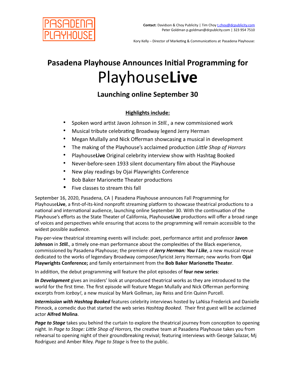 Playhouselive Programming Announcement