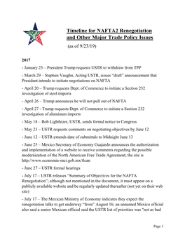 Timeline for NAFTA2 Renegotiation and Other Major Trade Policy Issues