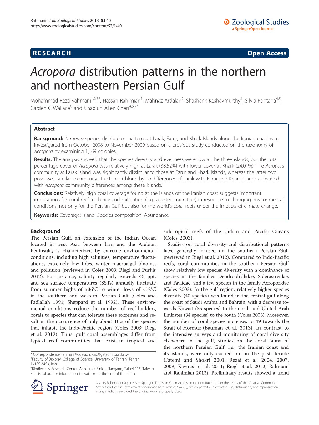 Acropora Distribution Patterns in the Northern and Northeastern Persian