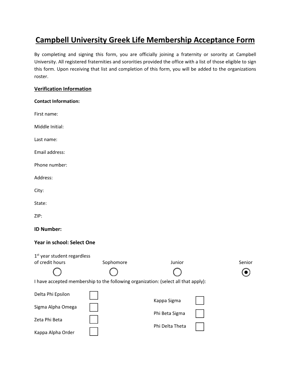 Campbell University Greek Life Membership Acceptance Form