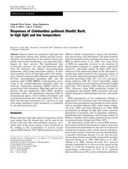 Responses of Colobanthus Quitensis (Kunth) Bartl. to High Light and Low Temperature