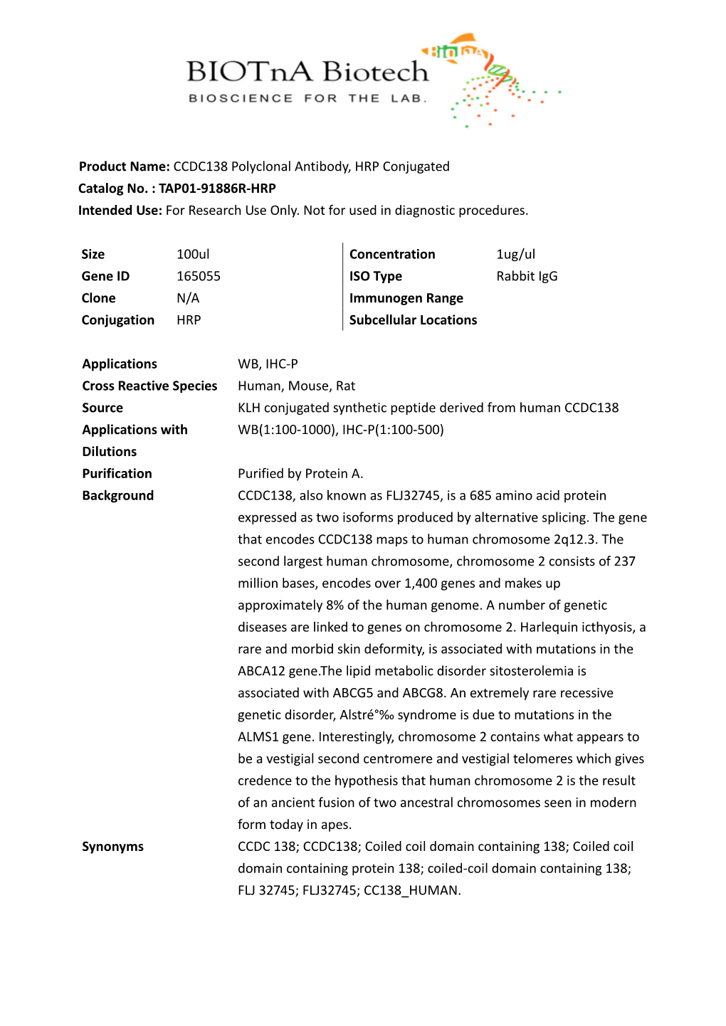 Product Name: CCDC138 Polyclonal Antibody, HRP Conjugated Catalog No