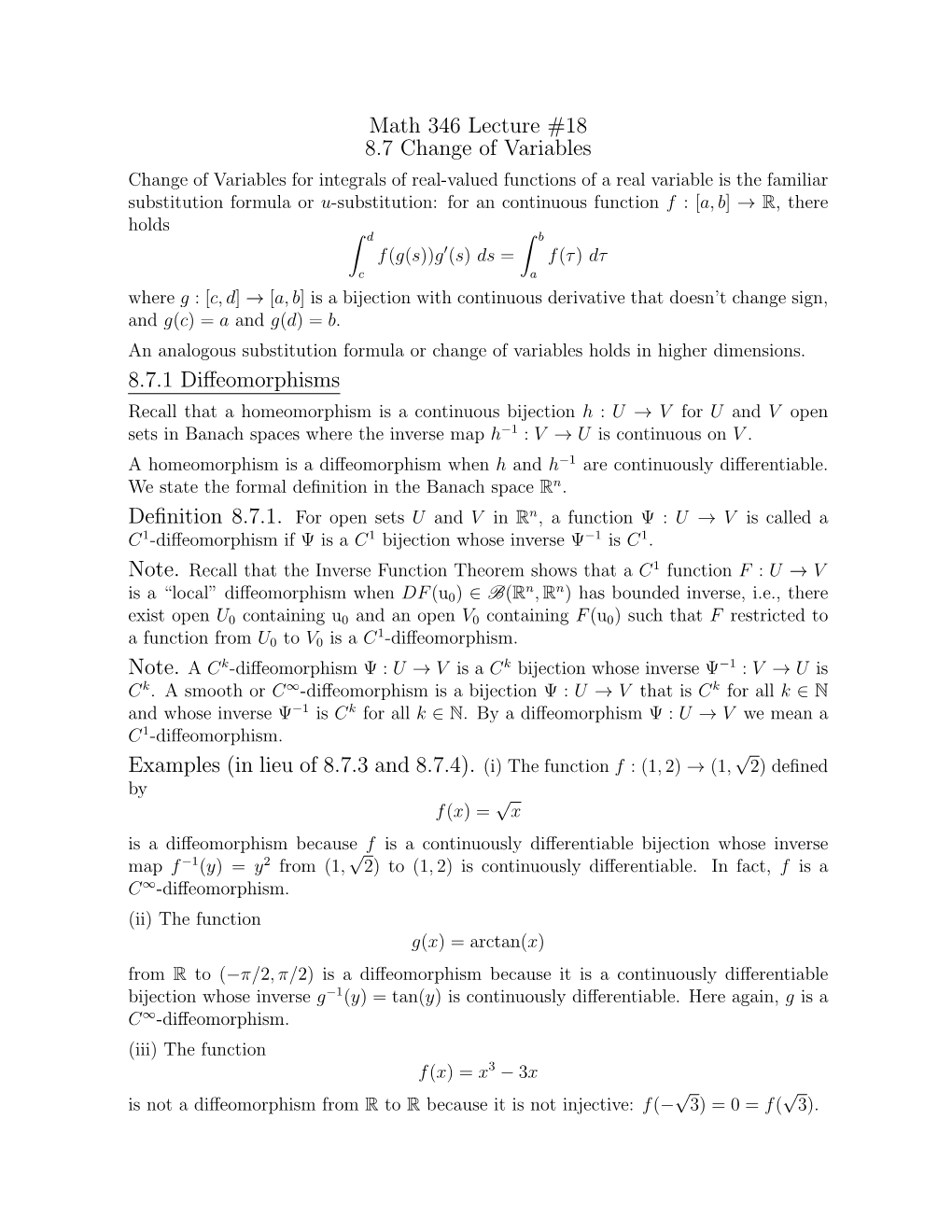 Math 346 Lecture #18 8.7 Change of Variables 8.7.1 Diffeomorphisms