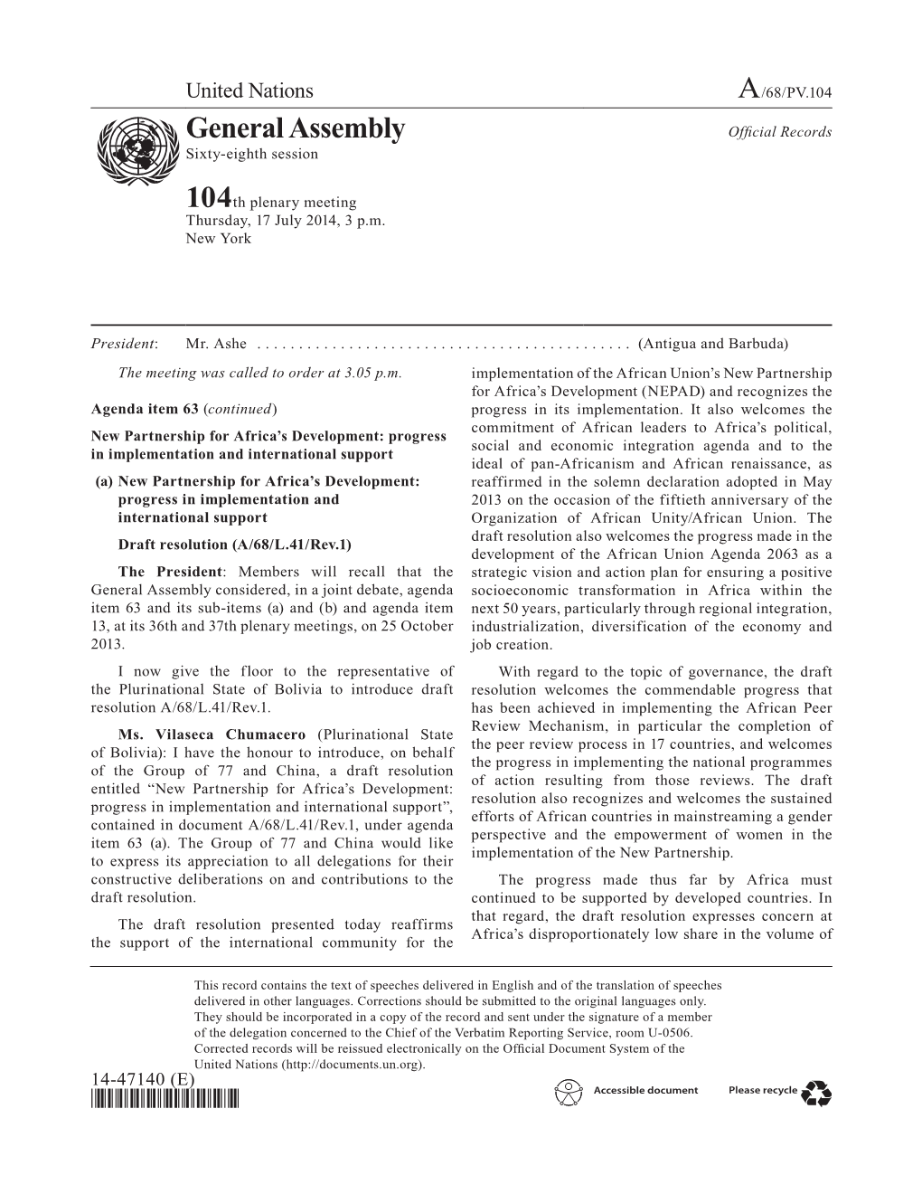 General Assembly Official Records Asdfsixty-Eighth Session 104Th Plenary Meeting Thursday, 17 July 2014, 3 P.M