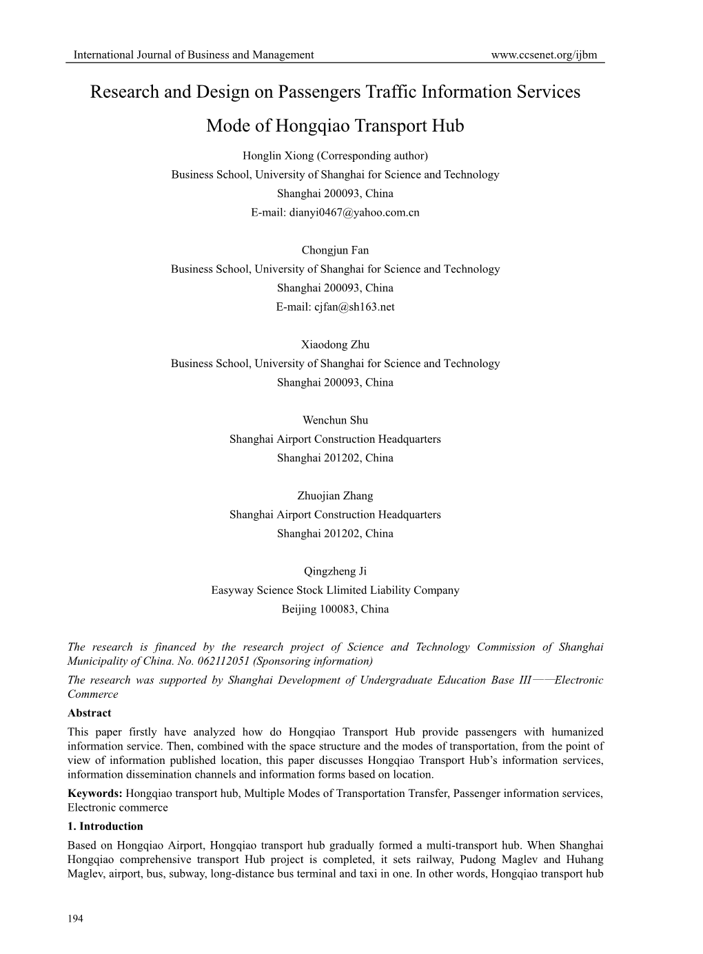 Research and Design on Passengers Traffic Information Services Mode of Hongqiao Transport Hub