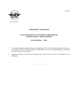 Supplement to Doc 8632 Icao's Policies on Taxation in The