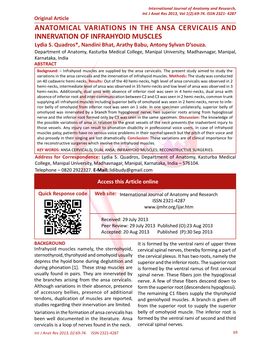 ANATOMICAL VARIATIONS in the ANSA CERVICALIS and INNERVATION of INFRAHYOID MUSCLES Lydia S