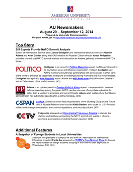AU Newsmakers August 29 – September 12, 2014 Prepared by University Communications for Prior Weeks, Go To