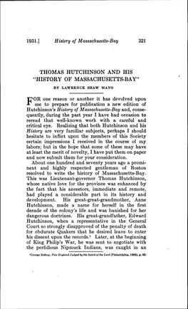 Thomas Hutchinson and His "History of Massachusetts-Bay" by Lawrence Shaw Mayo