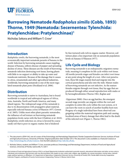 Burrowing Nematode Radopholus Similis (Cobb, 1893) Thorne, 1949 (Nematoda: Secernentea: Tylenchida: Pratylenchidae: Pratylenchinae)1 Nicholas Sekora and William T