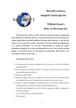 Mycroft Notes – 6 Wilfred Owen – Dulce Et Decorum