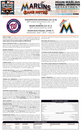 MIAMI MARLINS (13-12-1) (RHP Jarred Cosart; 0-2, 8.49) ROGER DEAN STADIUM, JUPITER, FL Wednesday, April 1, 2015 – 1:05 P.M