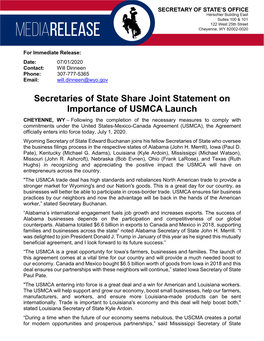 Secretaries of State Share Joint Statement on Importance of USMCA Launch