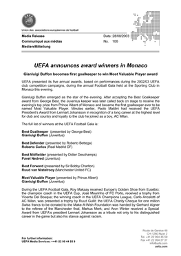 UEFA Announces Award Winners in Monaco