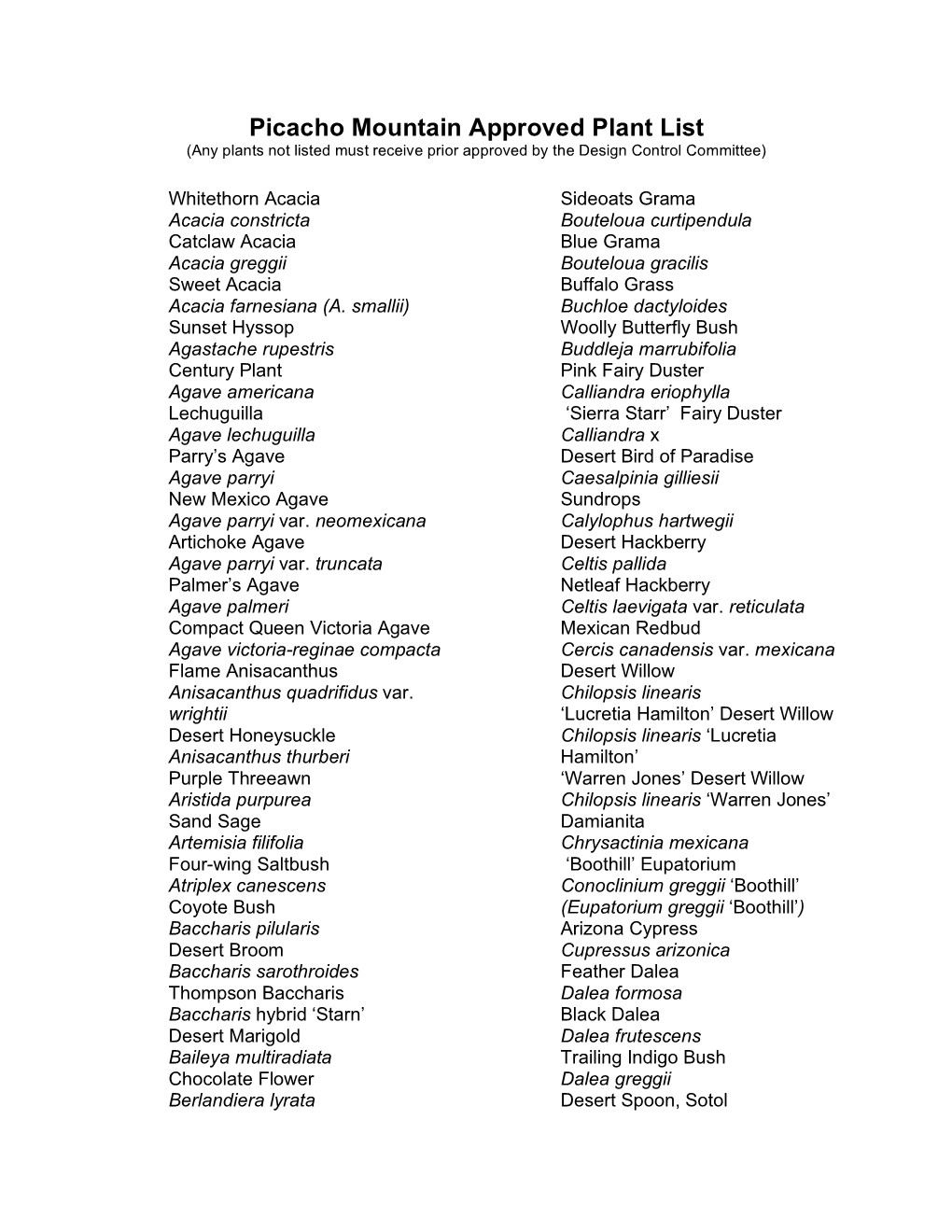 Picacho Mountain Approved Plant List (Any Plants Not Listed Must Receive Prior Approved by the Design Control Committee)