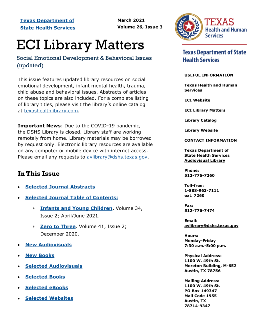 ECI Library Matters Social Emotional Development & Behavioral Issues (Updated)