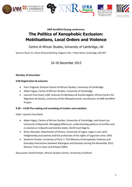The Politics of Xenophobic Exclusion: Mobilisations, Local Orders and Violence