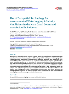 Use of Geospatial Technology for Assessment of Waterlogging & Salinity Conditions in the Nara Canal Command Area in Sindh, Pakistan