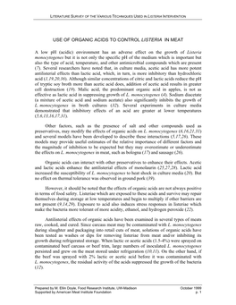 USE of ORGANIC ACIDS to CONTROL LISTERIA in MEAT a Low Ph