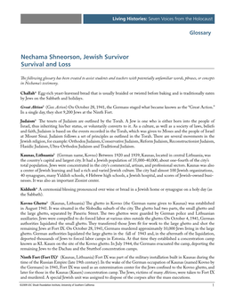 Nechama Shneorson, Jewish Survivor: Survival and Loss Glossary