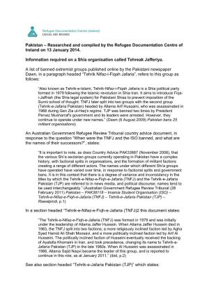 Pakistan – Researched and Compiled by the Refugee Documentation Centre of Ireland on 13 January 2014