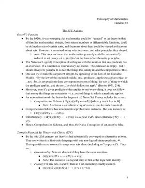 Philosophy of Mathematics Handout #2 the ZFC Axioms Russell's