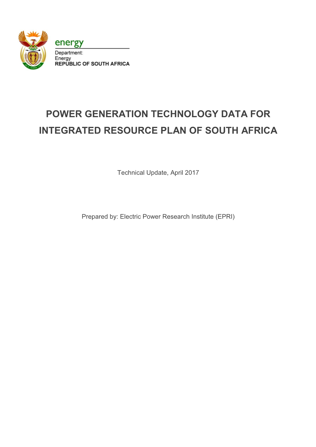 Power Generation Technology Data for Integrated Resource Plan of South Africa